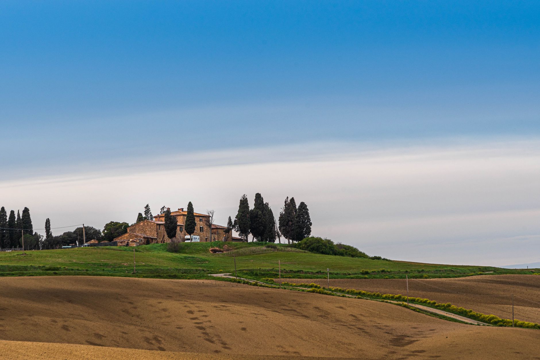 Tuscan stone farmhouse among olive trees